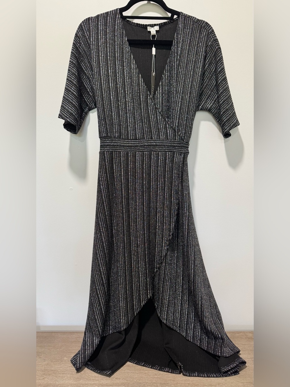 Spense Black and Silver Metallic Stripe Wrap Dress | Size Medium